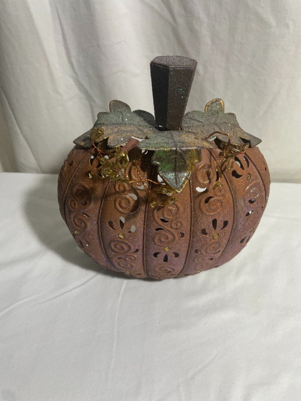 Metal Pumpkin Tea Light Candle Holder Glitter Beaded Fall Harvest Decor 9"